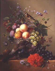 Stilleben med frugt og blomster