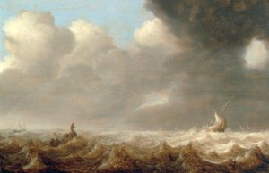 Fiskerbåde på et oprørt hav af Arnoldus van Anthonissen