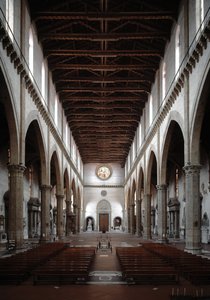 Renæssance: indvendigt billede af Basilica Santa Croce projekteret af Arnolfo di Cambio (1245-1302 / 1310) (Indvendigt billede af Basilica santa croce) 1294 Basilica Santa Croce, Firenze, Italien af Arnolfo di Cambio