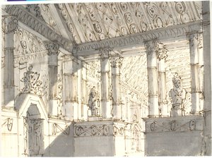 Interiør (fra tempel?) med søjler og statuer af Aron Wallick