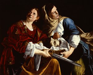 Judith og hendes tjenestepige med hovedet af Holofernes (olie på lærred)