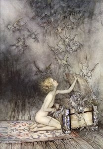 Åbning af Pandoras æske, scene fra A Wonder Book, af Nathaniel Hawthorne (farve litho)