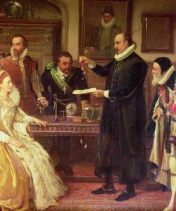 Dr. William Gilbert 1544-1603 viser sit eksperiment med elektricitet til dronning Elizabeth I og hendes hof, detalje af Gilberd, olie på lærred fra det 19. århundrede af Arthur Ackland Hunt
