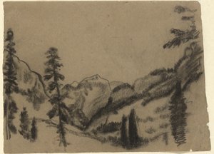 Bjerglandskab med grantræer af Arthur B. Davies