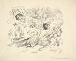 To kvindefigurer i et landskab (blyant på papir) af Arthur Bowen Davies