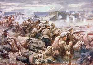 En heroisk russisk bagtropsaktion i det store polske tilbagetog (farve litho)