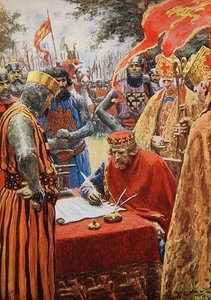 Kong John underskriver modvilligt Magna Carta (farve litho)