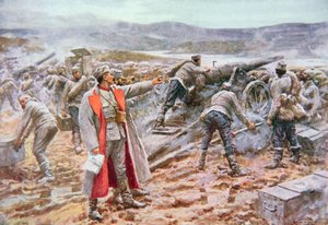 Serbisk artilleri i aktion mod østrigerne (farve litho) af Arthur C. (after) Michael