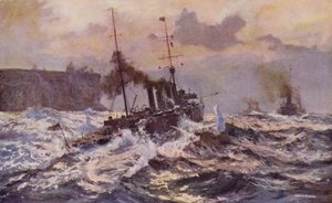 Krigsskibe fra den australske flåde forlader Sydney havn (farve litho) af Arthur C. Burgess