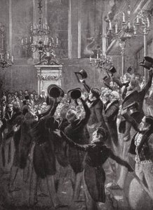Gennemførelse af andenbehandlingen af den første reformlov (litografi)