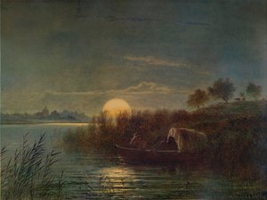 Flodscene ved måneskin, med båd, 1879, 1935