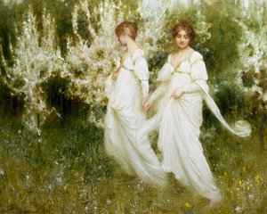 "Innocence" To kvinder klædt i hvidt, der symboliserer uskyld og renhed, går rundt i en have. Maleri af Arthur Hacker (1858-1919) (prærafaelit) Privat samling