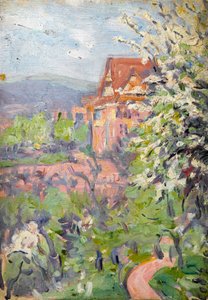 Hus med Spring Blossom Tree i forgrunden