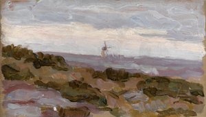 Landskabsstudie med vindmølle i horisonten, ca. 1900