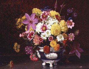 Stilleben med syrener og krysantemum af Arthur Herbert Buckland