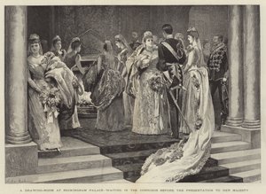 En sal på Buckingham Palace, mens man venter i korridoren før præsentationen for Hendes Majestæt af Arthur Hopkins