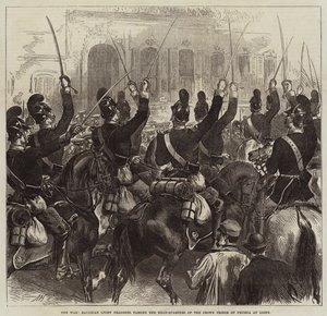 Krigen, bayerske lette dragoner passerer hovedkvarteret for kronprinsen af Preussen i Ligny af Arthur Hopkins
