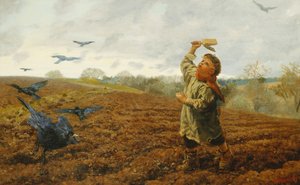 Krage-skræmmeren; "Duer og krager, pas på dine tæer", 1884 af Arthur Hughes