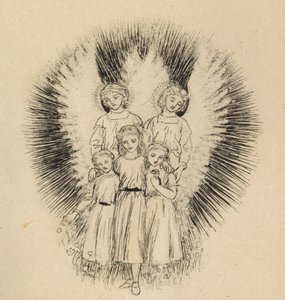 Tre små børn på den vide, vide jord (pen og sort blæk på hvidt papir) af Arthur Hughes