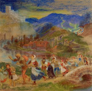 Landsbyboere på flugt fra en drage af Arthur Hughes
