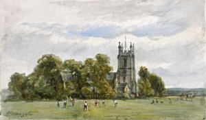 Cricket on the Stray, foran Christ Church, High Harrogate (akvarel) af Arthur J. Stark