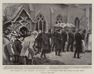 Lady Salisburys begravelse i Hatfield, processionen fra kirken til graven (litho)