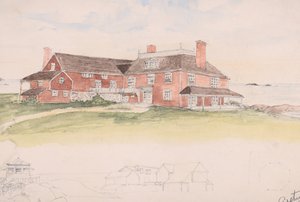 Træhus nær vandet måske en tidlig idé til Cliffs, Manchester, Mass..., ca. 1879. af Arthur Little