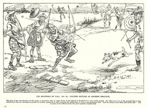 Golfens begyndelse, golfspillere forstyrrer en bueskydningsøvelse (litografi) af Arthur Moreland