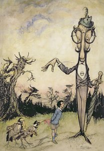 A Giant with a Child and Two Crows, illustration fra The Book of Betty Barber af Maggie Brown, pub.1910 (pen og blæk, senere farvelagt af Harry Rountree, 1878-1950) (også en illustration til bogen o