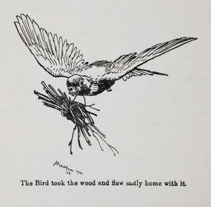 En fugl, der bærer et bundt kviste. af Arthur Rackham