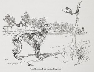 En hund og en spurv. af Arthur Rackham