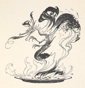 En drage dukker op fra en tallerken med brændende penge af Arthur Rackham