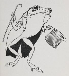 En frø med høj hat og haler med en stok. af Arthur Rackham