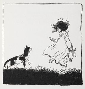En pige med en dukke fortæller sin kat. af Arthur Rackham