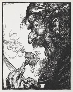 En stor mand spiser en lille dame og hendes hus. af Arthur Rackham