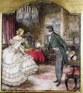 En ung mand præsenterer en buket til en pige, der står i en stue (wc med pen og blæk på papir) af Arthur Rackham