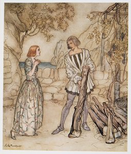 Ak, nu, bed dig, arbejd ikke så hårdt, illustration fra William Shakespeares The Tempest, pub. 1926 af Arthur Rackham