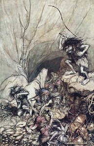 Alberich kører i en flok Niblungs belæsset med guld- og sølvskatte. Illustration til The Rhi af Arthur Rackham