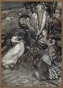 Alice og dyrene efter Caucus Race, inklusive en dodo, en and, en rotte, en krage og en papegøje. af Arthur Rackham