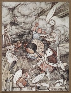 Alice i et køkken med hertuginden, en kok og Cheshire Cat af Arthur Rackham