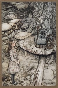 Alice taler med larven, der sidder på en svamp og ryger pibe af Arthur Rackham