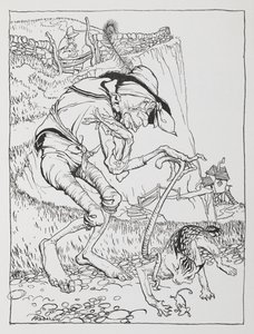 En gammel skæv mand med sin skæve kat og skæve hus. af Arthur Rackham