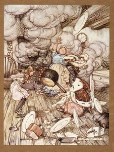 En usædvanlig stor gryde fløj tæt på den og bar den næsten væk, fra Alices Adventures in Wonderland, af Lewis Carroll, pub.1907 af Arthur Rackham
