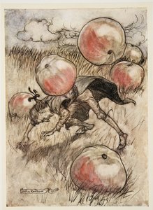 Æbler tumlede om mine ører, fra Gullivers rejser af Jonathan Swift (1667 - 1745), pub. 1909 af Arthur Rackham
