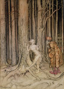Til sidst mødte hun brudgommen, der langsomt kom tilbage, illustration til Fichers Bird, fra Lillebror, Lillesøster, af brødrene Grimm, 1917 (wc og pen og blæk på papir) (se også 28797) af Arthur Rackham