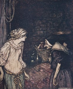 Endelig nåede hun frem til kælderen, og der fandt hun en gammel, gammel kvinde med et rystende hoved ..., fra Brødrene Grimms eventyr, udg. 1909 af Arthur Rackham
