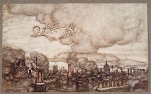Væk fløj han lige over husene til Gardens, fra Peter Pan i Kensington Gardens af J M Barrie (1860 - 1937), pub. 1906