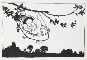 Baby i en tremmeseng hængende fra en gren. af Arthur Rackham