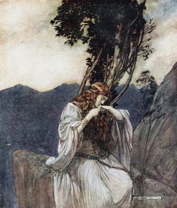 Brünnhilde kysser ringen, som Siegfried har efterladt med hende. Illustration til Siegfried and The Twi af Arthur Rackham
