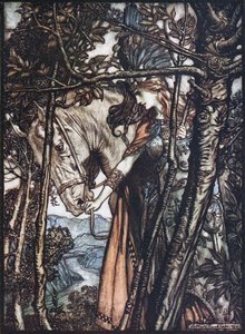 Brünnhilde fører sin hest ved tøjlen. Illustration til Rhinegold og Valkyrien af Richa af Arthur Rackham